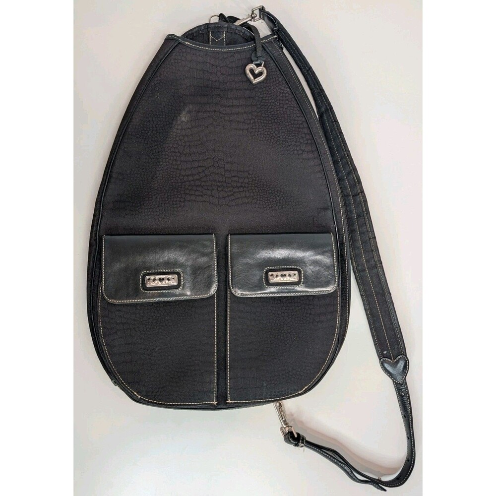 Brighton Black Croc Canvas Tennis Racket Sling Bag Leather Trim Heart Hardware